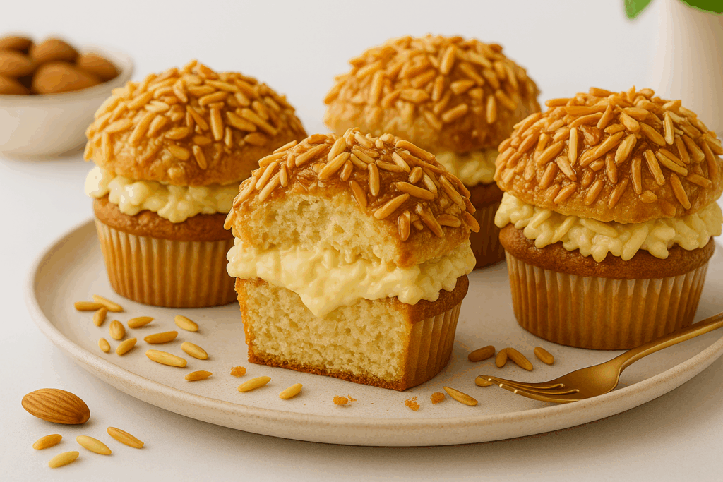 Aufgeschnittener Bienenstich Muffin ohne Zucker mit sichtbarer Vanillecreme und knusprigen Mandeln – zuckerfreier Genuss im Detail.