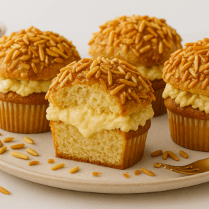 Aufgeschnittener Bienenstich Muffin ohne Zucker mit sichtbarer Vanillecreme und knusprigen Mandeln – zuckerfreier Genuss im Detail.