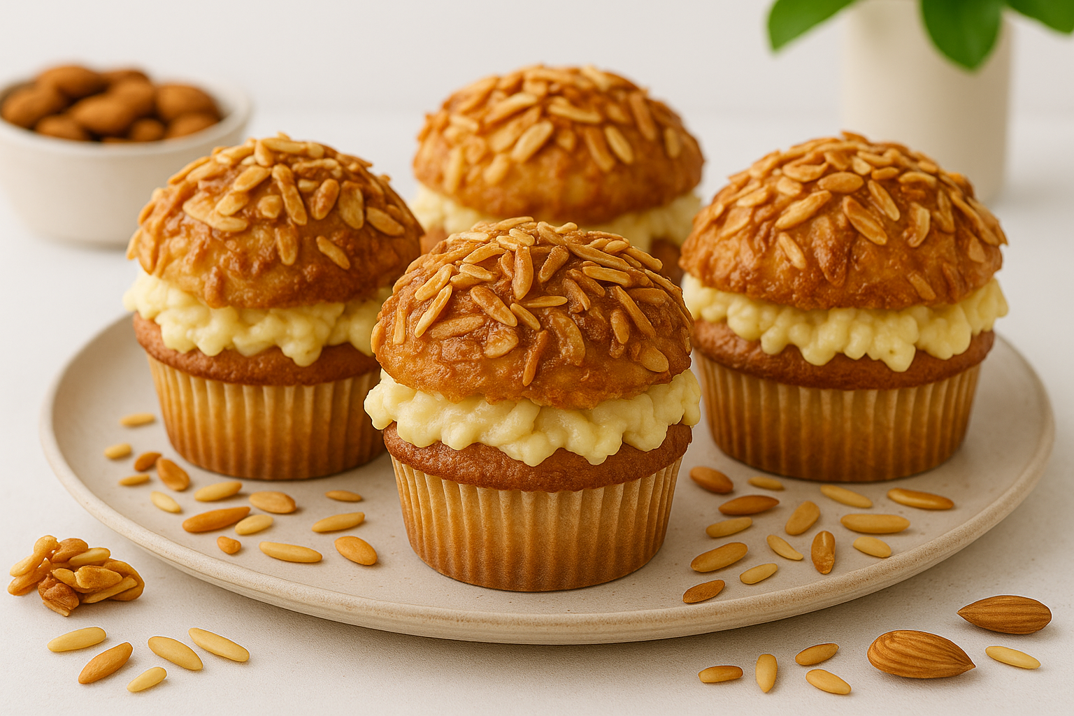 Frisch gebackene Bienenstich Muffins ohne Zucker mit goldbrauner Mandelkruste – ideal für zuckerfreien Genuss.
